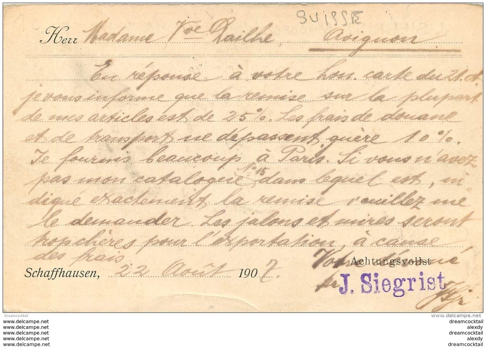 SUISSE. Carte Postale Entier Publicitaire 1907 De Schaffhausen Pour Avignon - Hausen Am Albis 