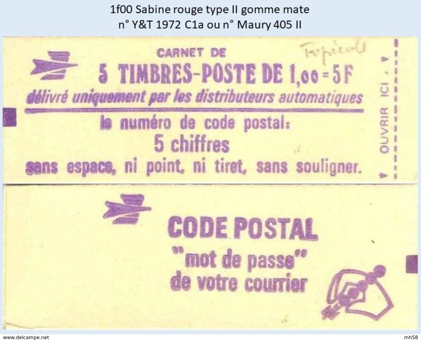 FRANCE - Carnet 1f00 Sabine Rouge Type II - YT 1972 C1a / Maury 405 II - Autres & Non Classés