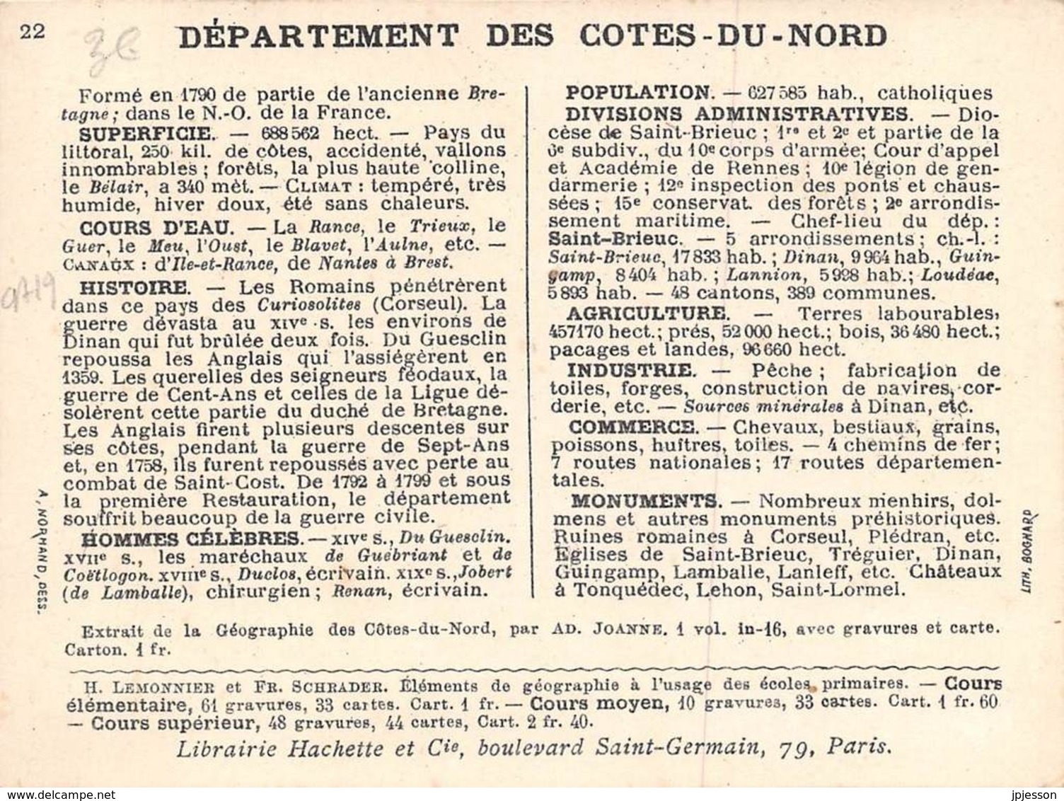 COTES D'ARMOR  22  DEPARTEMENT DESSINE COTES DU NORD - CHROMO, FICHE ILLUSTREE HACHETTE - Autres & Non Classés