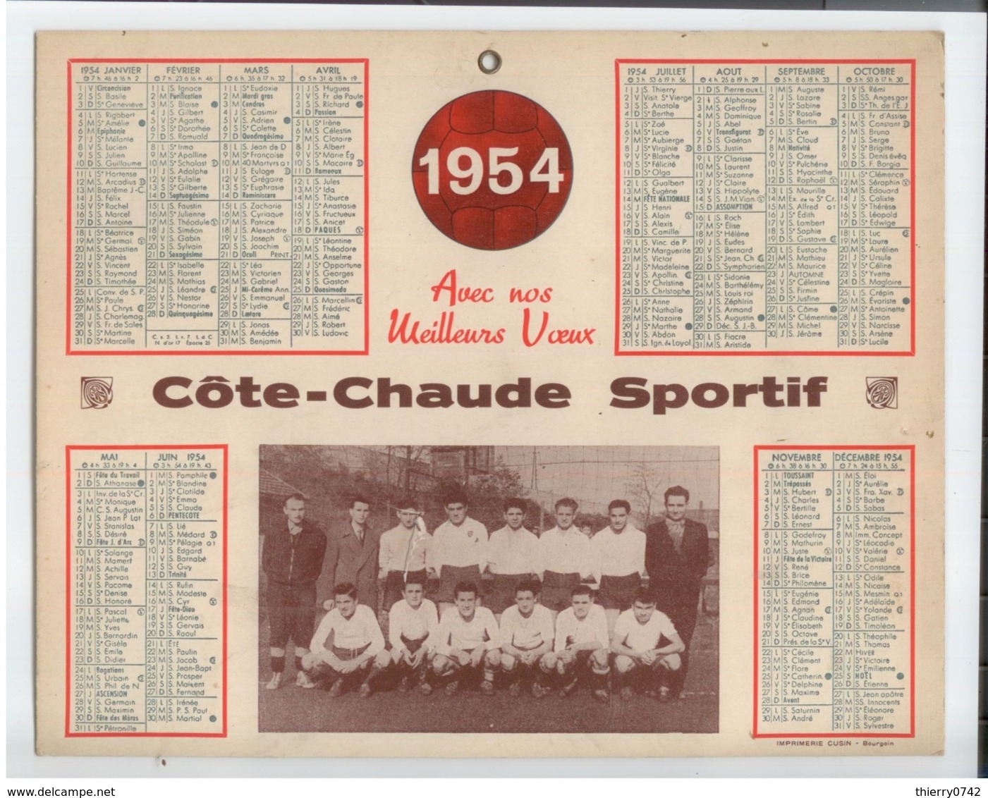 RARE CALENDRIER 1954 LOIRE FOOTBALL ST ETIENNE COTE CHAUDE SPORTIF QUASI TBE - Tamaño Grande : 1941-60