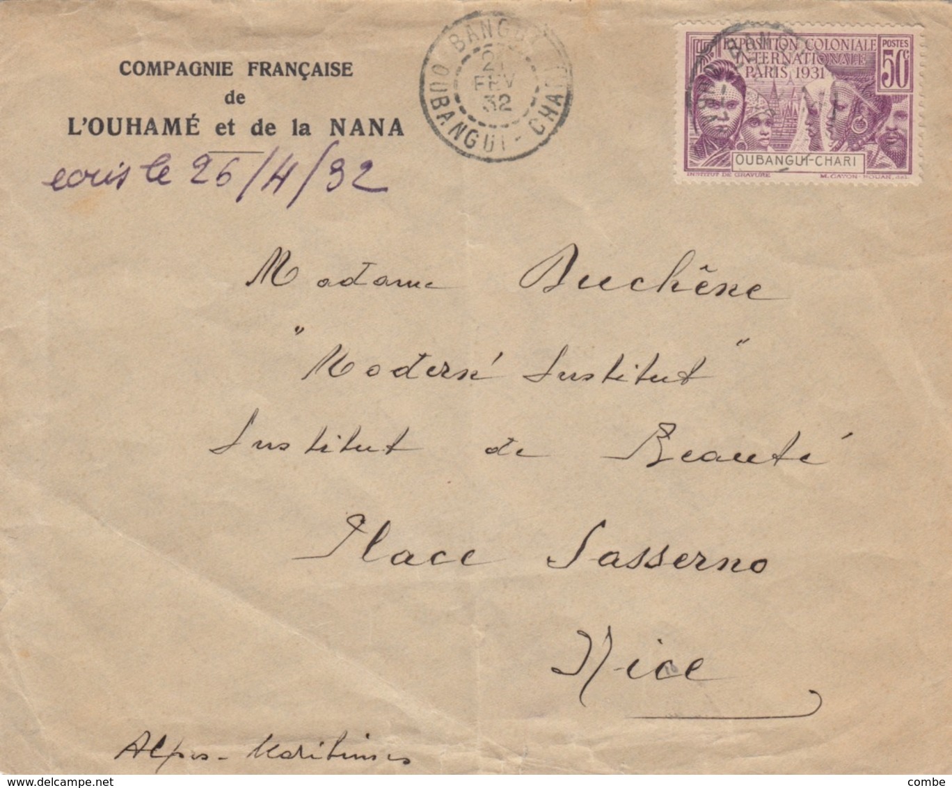 LETTRE. OUBANGUI—CHARI. 2 FEV 32. COMPAGNIE FRANCAISE DE L'OUHAMÉ ET DE LA NANA BANGUI POUR NICE EXPO PARIS SEUL - Lettres & Documents