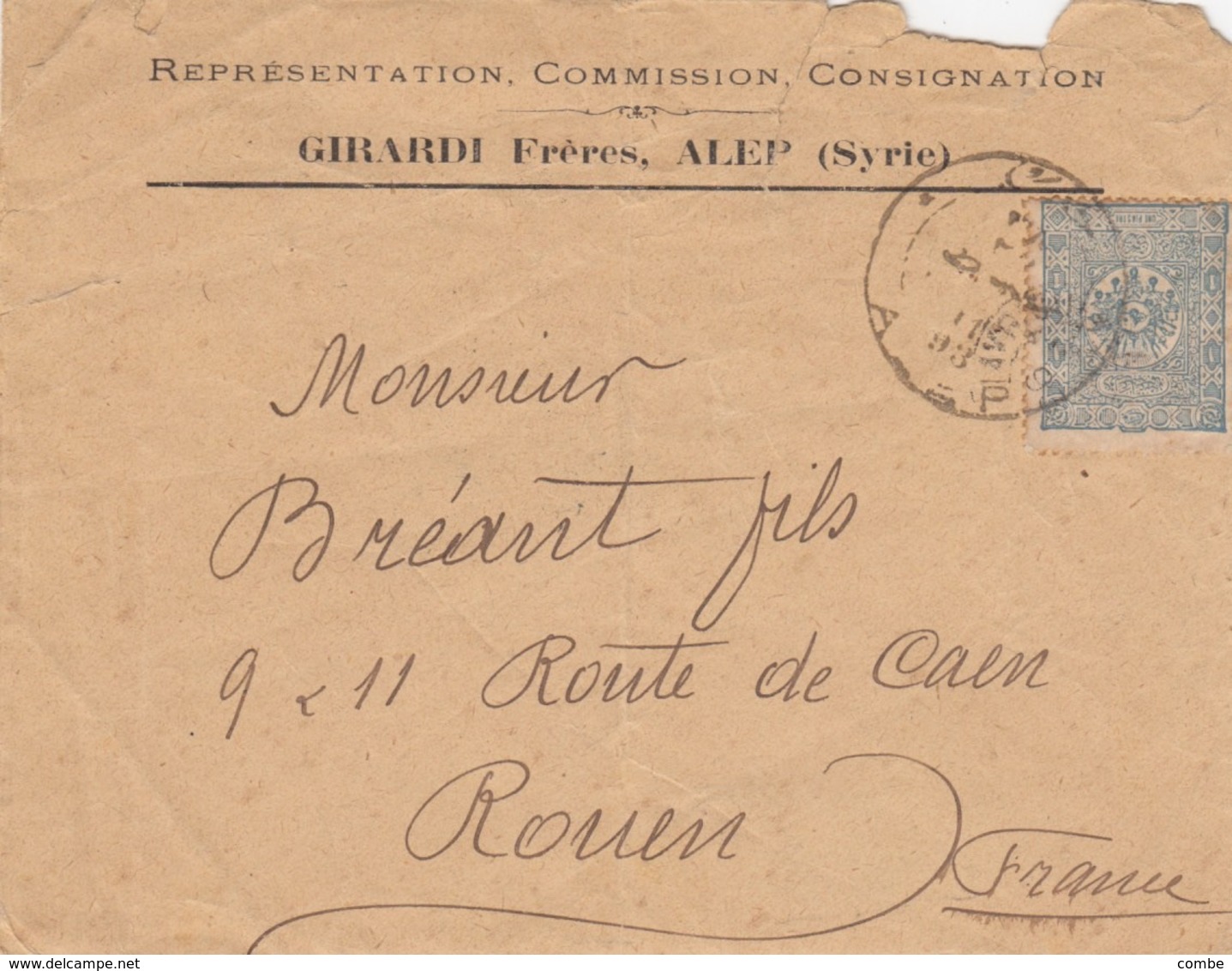 LETTRE. TURQUIE. 4 3 1893. GIRARDI FRERES ALEP + CONSTANTINOPLE POUR ROUEN. N° 85 - Storia Postale