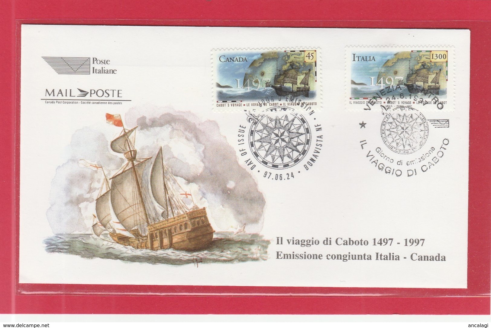 FDC ITALIA 1997 - 424 - VIAGGIO DI CABOTO - Emis.Congiunta ITALIA-CANADA Venezia 24.6.97. 2 V. Su Busta "Mail-Poste" - FDC