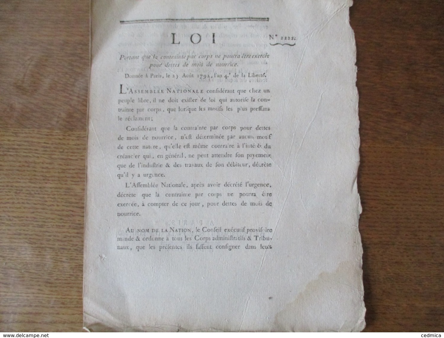 LOI DU 25 AOÛT 1792 L'AN 4e DE LA LIBERTE PORTANT QUE LA CONTRAINTE PAR CORPS NE POURRA ÊTRE EXERCEE POUR DETTES DE MOIS - Décrets & Lois