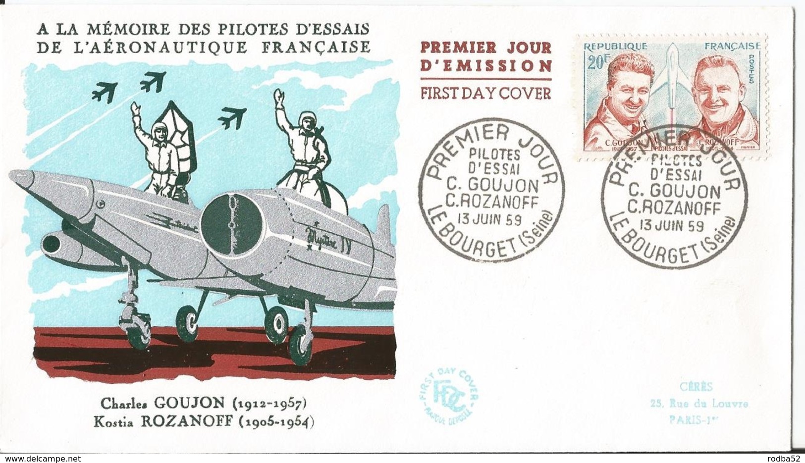 Enveloppe   -  Premier Jour - FDC - Pilote D"essai - Le Bourget - 1959 - Goujon Rozanoff - Aviation - 1950-1959