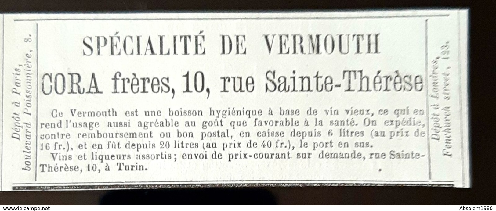 1875 VERMOUTH CORA FRERES VIN VIEUX LIQUEUR ALCOOL TURIN TORINO ITALIE ITALIA PUBLICITE ANCIENNE BOISSONS DRINK AD - Pubblicitari