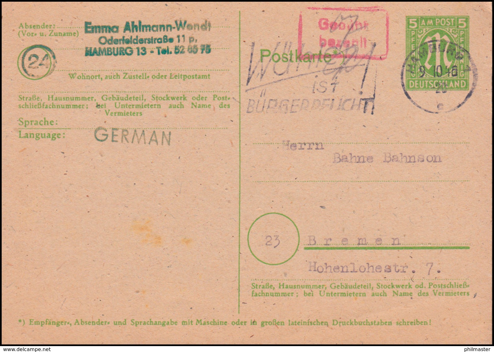 Postkarte P 903 AM-Post 5 Pf. Mit Gebühr-bezahlt-Stempel HAMBURG 9.10.1946 - Autres & Non Classés