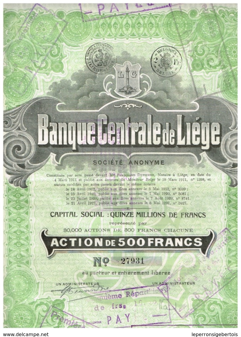 Titre Ancien - Banque Centrale De Liège - Société Anonyme -Titre De 1927 - N° 27931 - Bank En Verzekering