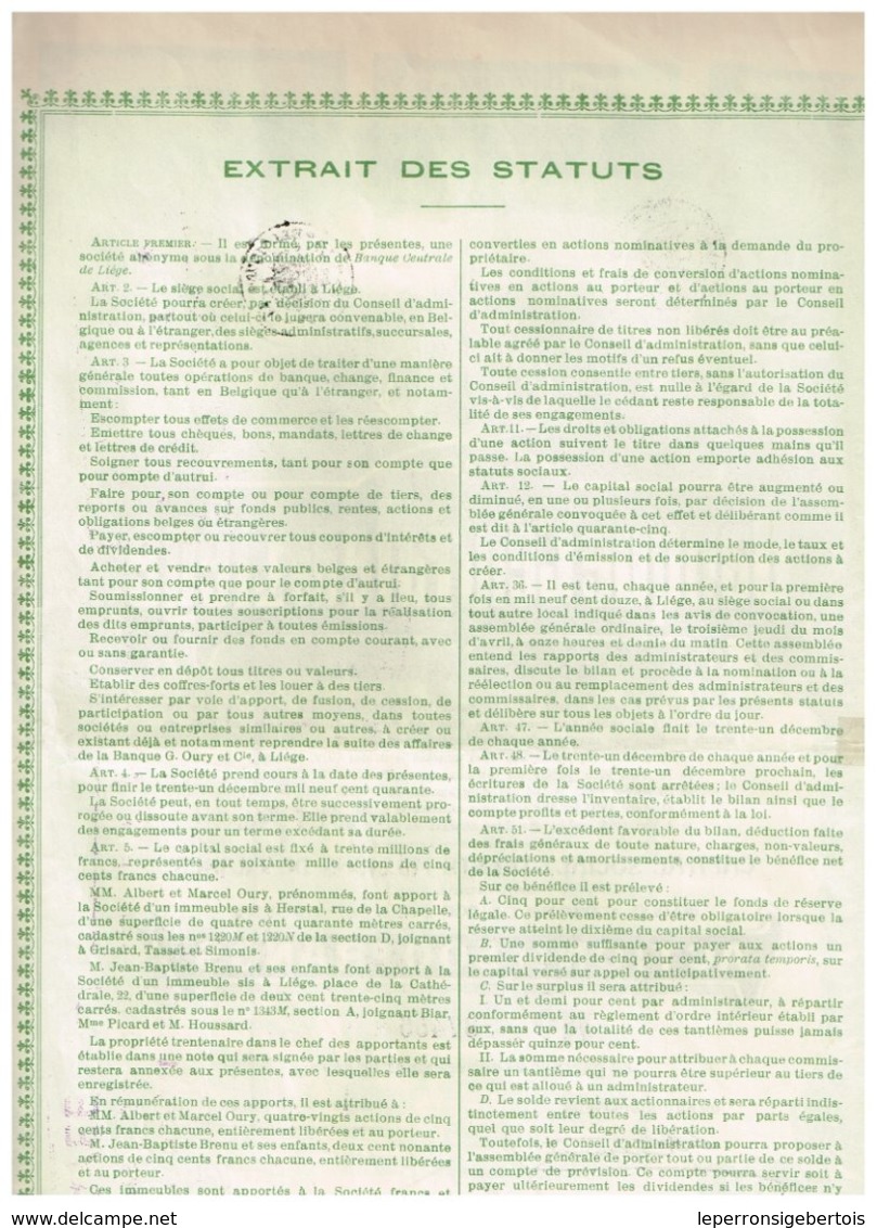 Titre Ancien - Banque Centrale De Liège - Société Anonyme -Titre De 1927 - N° 27931 - Bank En Verzekering