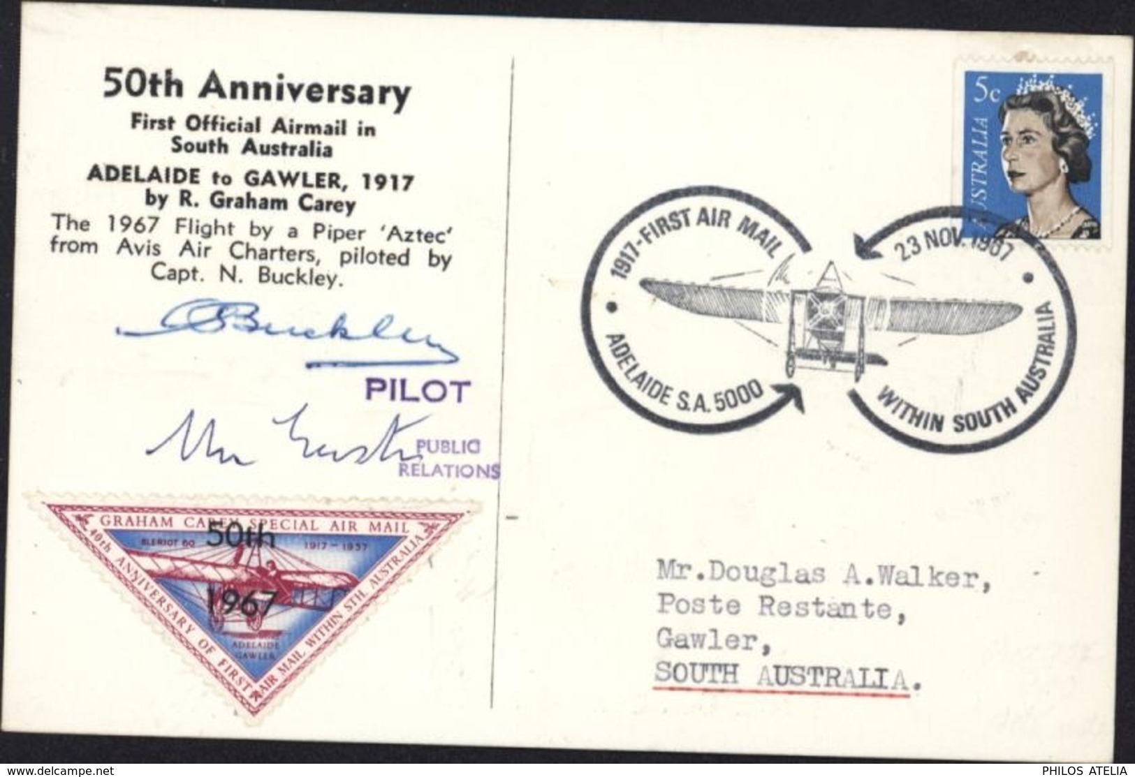 Souvenir Postcard R Graham Carey 50th Anniversary First Official  Airmail In South Australia Adelaide To Gawler YT 323A - Storia Postale