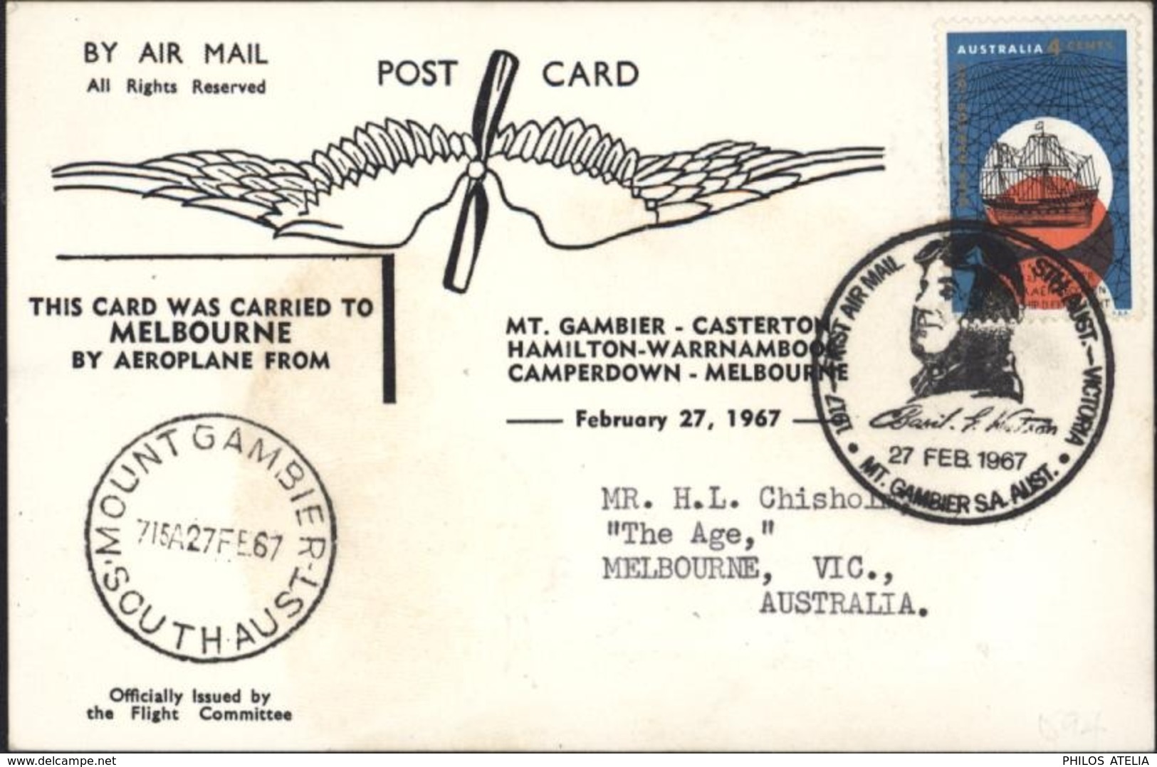 CP Aerial Postman 50th Anniversary Cachet Illustré First Air Mail South Australia Victoria Mt Gambier 27 2 67 YT 344 - Brieven En Documenten