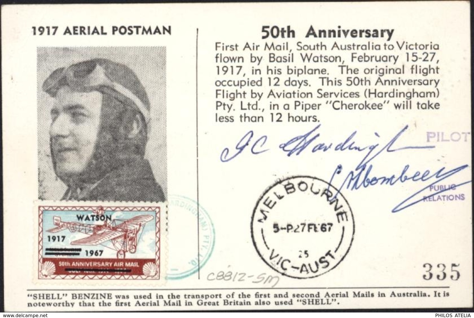 CP Aerial Postman 50th Anniversary Cachet Illustré First Air Mail South Australia Victoria Mt Gambier 27 2 67 YT 344 - Storia Postale