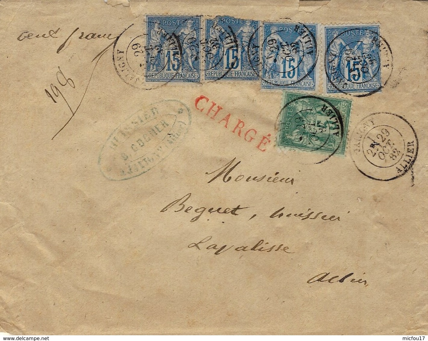 1882 - Enveloppe CHARGE V D 100 F  De Jaligny ( Allier ) Cad T18 Affr.   Affr.  65 C   -au Dos Descriptif Rouge - 1877-1920: Période Semi Moderne