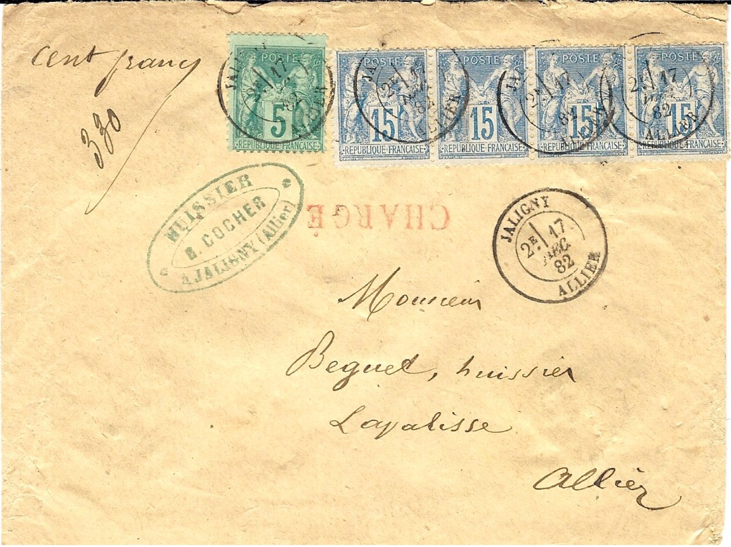 1882 - Enveloppe CHARGE V D 100 F  De Jaligny ( Allier ) Cad T18 Affr.   Affr.  65 C Dont Bande De 4  Du 15 C Sage - 1877-1920: Semi-Moderne