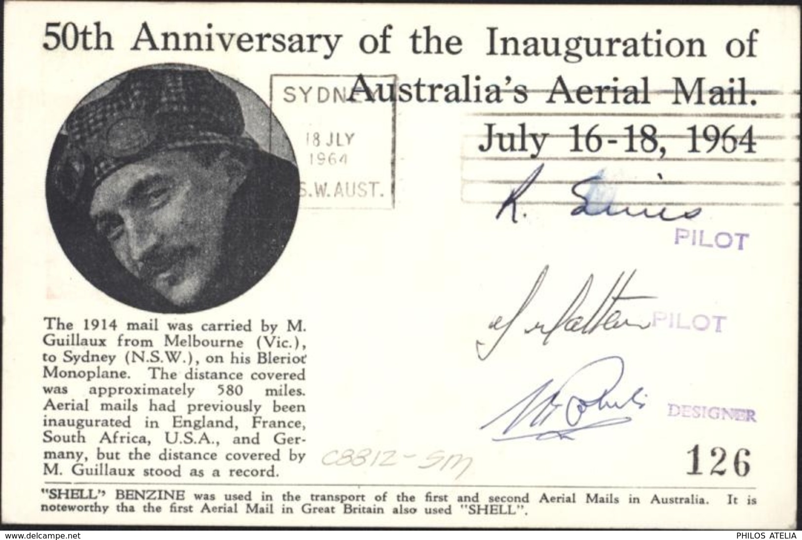 Australia 1964 Melbourne Sydney Replica Card Signed Eustis 1523 Cachet Australia's First Airmail 50th Anniversary Flight - Covers & Documents