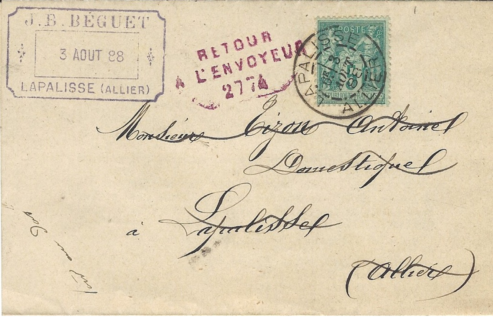 1888- Avis D'Assurances  De LAPALISSE  Affr. 5 C  + Retour  / à L'envoyeur / 2774  Rouge - COURRIER LOCAL - 1877-1920: Période Semi Moderne