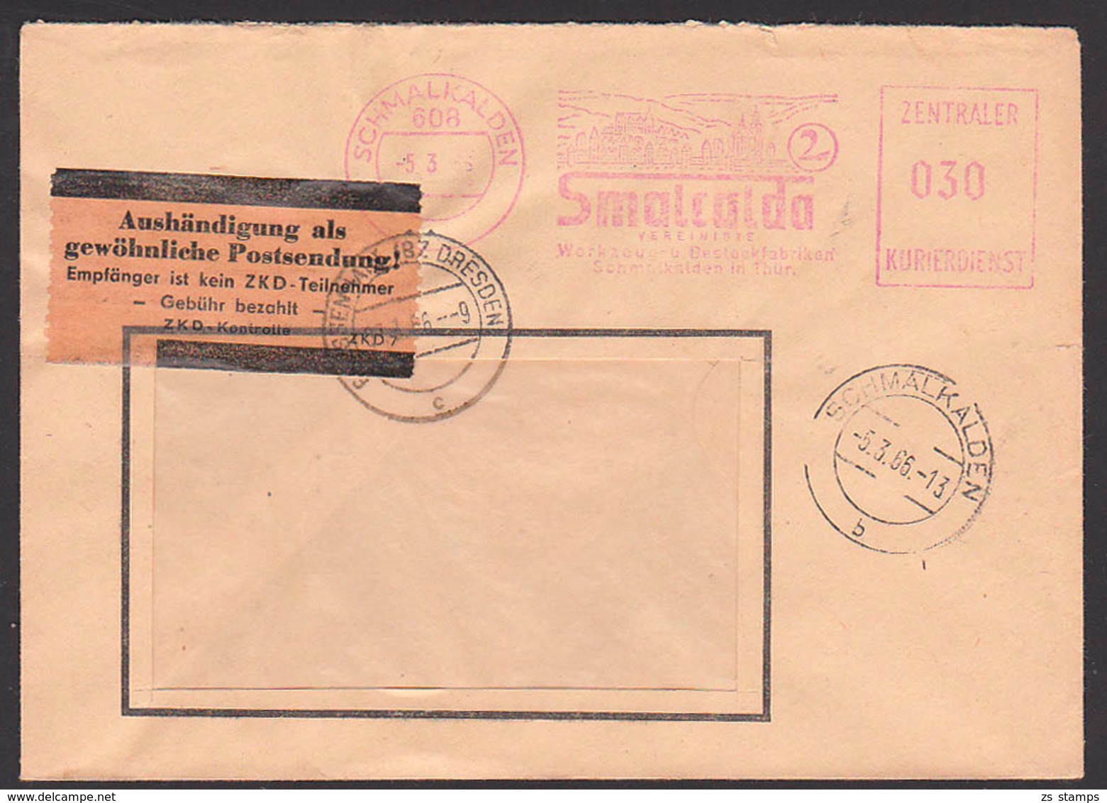 Schmalkalden, DDR ZKD-AFS. Pergamin-Klebezettel ZKD-Kontrolle ZKD 7 In Braun, Smalcalda Besteckfabrik 5.3.66 - Sonstige & Ohne Zuordnung