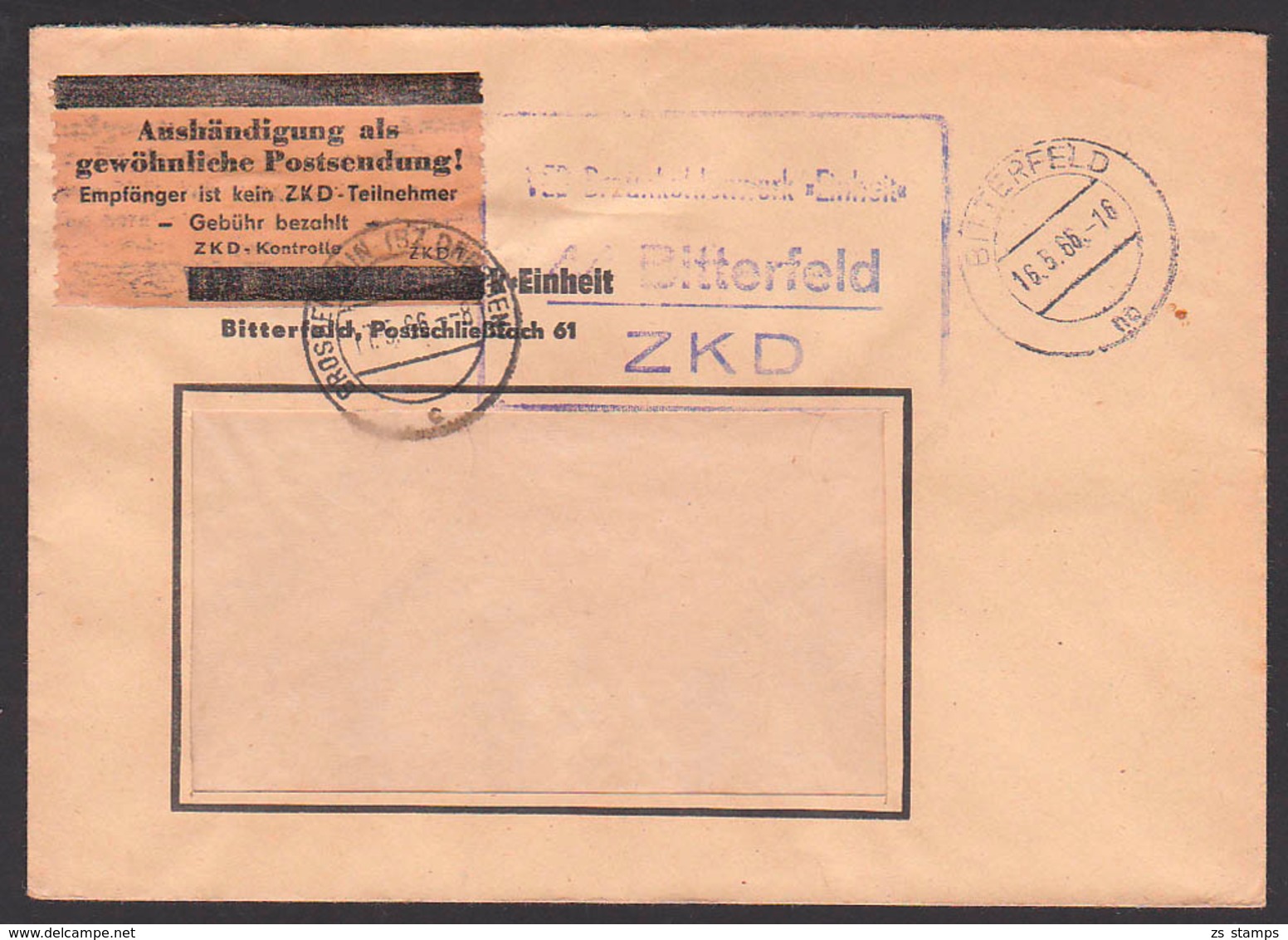 Bitterfeld, DDR ZKD-Kasten-St.. Pergamin-Klebezettel ZKD-Kontrolle ZKD 7 In Braun, VEB Braunkohlenwerk "Einheit", 1956 - Sonstige & Ohne Zuordnung