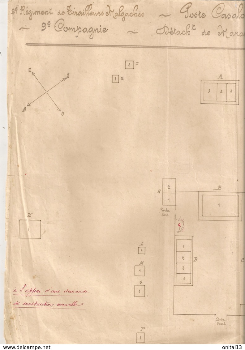 1918 PLAN AMANAGEMENT POSTE DE CASALONGA / 2EME REGIMENT  TIRAILLEURS MALGACHES   9EME CIE  MANANTENINA MADAGASCAR   E27 - Documents