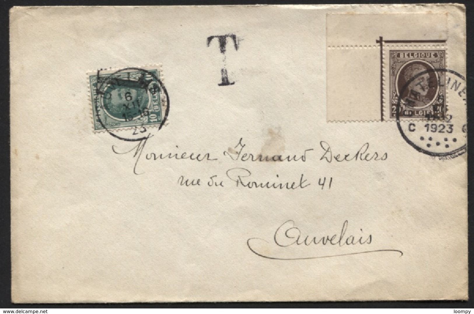 Houyoux - 10c Obl. Utilisé Comme Timbre Taxe Obl. AUVELAIS S/lettre Brief De CHATELINEAU Le 6/12/23 - 1922-1927 Houyoux