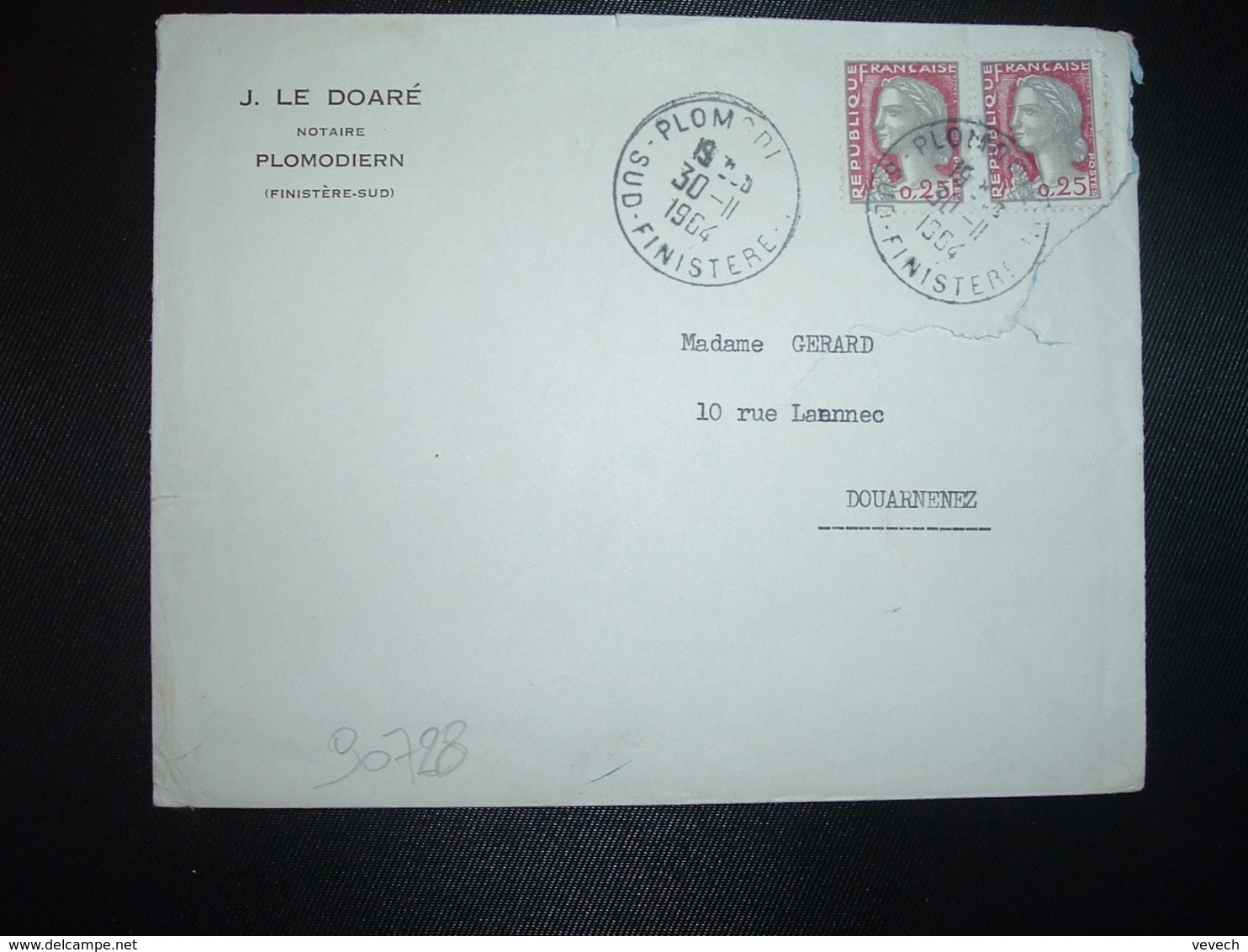 LETTRE TP M. DE DECARIS 0,25 X2 OBL.30-11 1964 PLOMODIERN SUD FINISTERE (29) J. LE DOARE Notaire - Cachets Manuels