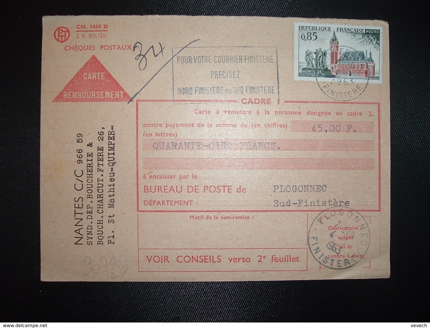 CP CR CHEQUES POSTAUX TP CALAIS 0,85 OBL.MEC. + OBL.4-1 1963 PLOGONNEC FINISTERE (29) - Cachets Manuels