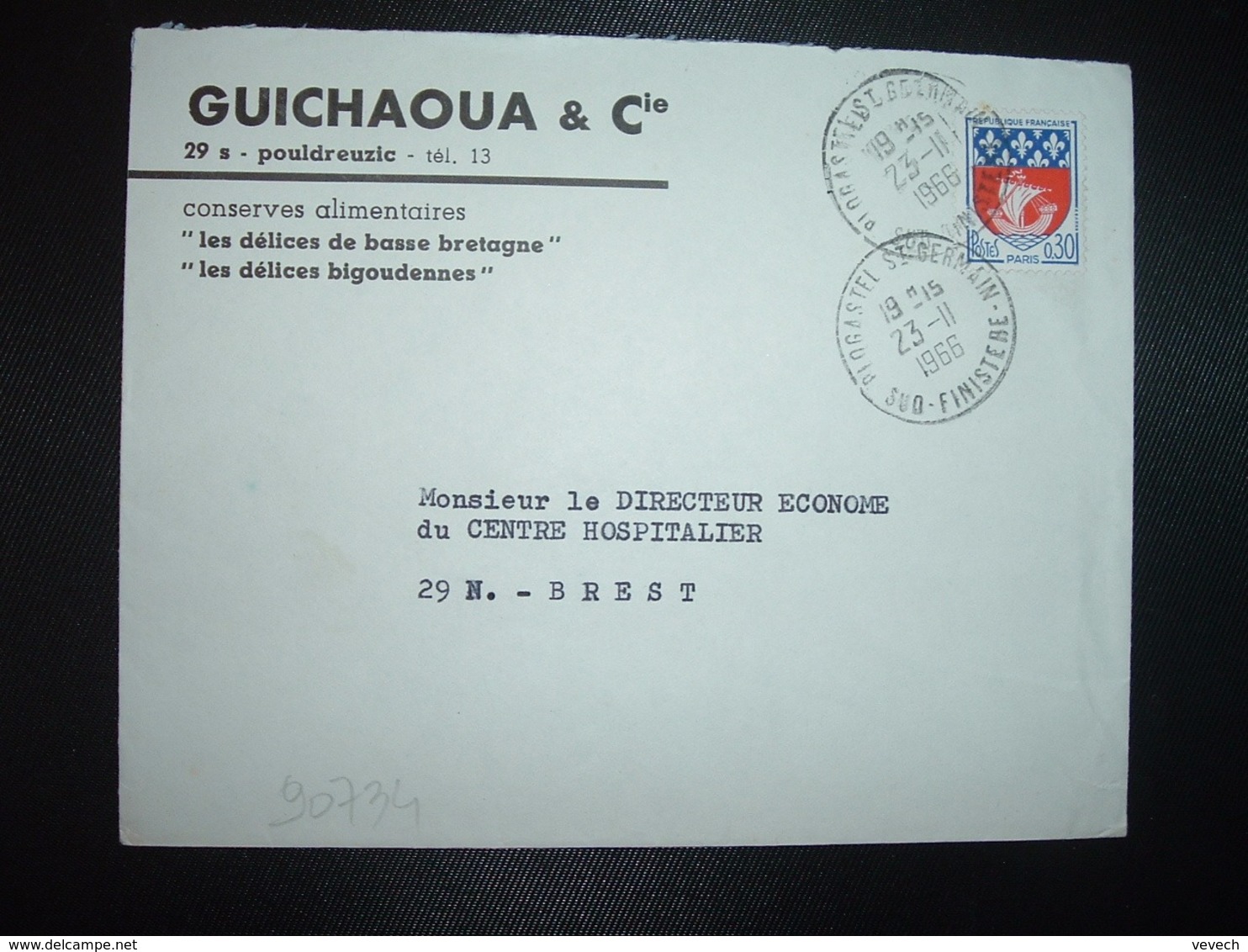 LETTRE TP BLASON PARIS 0,30 OBL.23-11 1966 PLOGASTEL ST GERMAIN SUD FINISTERE (29) GUICHAOUA & Cie Conserves Alimentaire - Cachets Manuels