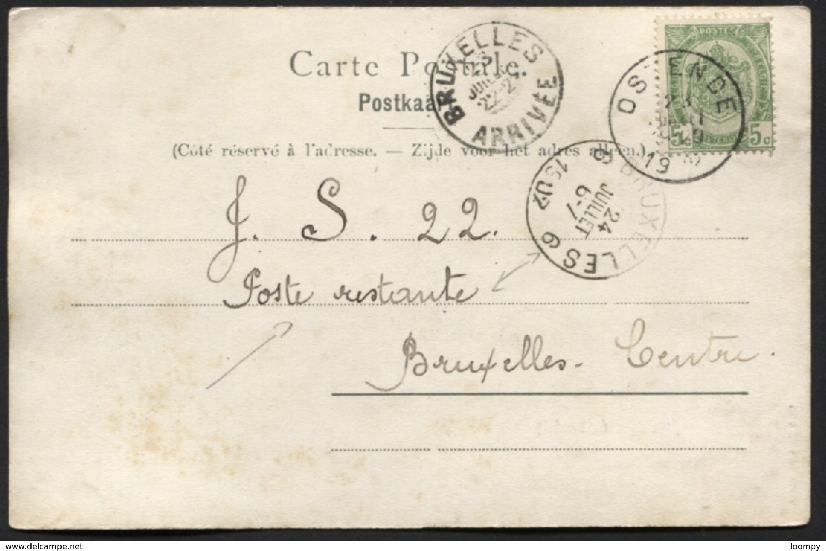 POSTE RESTANTE - N°56 Obl. OSTENDE S/CP Le 23/7/1902. Arrivée Càd BRUXELLES/6 Pour La Poste Restante. - 1893-1907 Stemmi