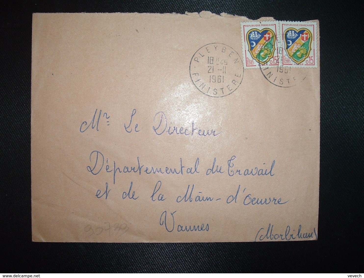 LETTRE TP ALGER 0,15 X2 OBL.21-11 1961 PLEYBEN FINISTERE (29) - Cachets Manuels