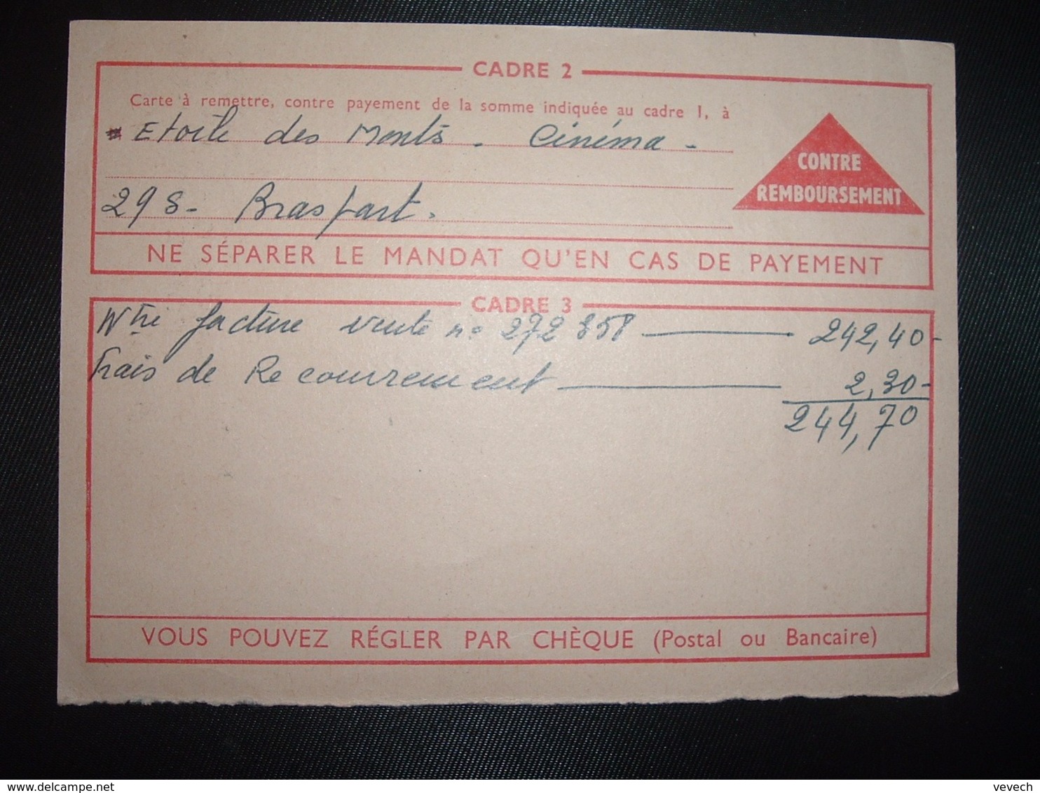 CP CR CHEQUES POSTAUX EMA G 3367 à 110 ST BRIEUC RP + OBL.21-7 1966 PLEYBEN SUD FINISTERE (29) - Cachets Manuels