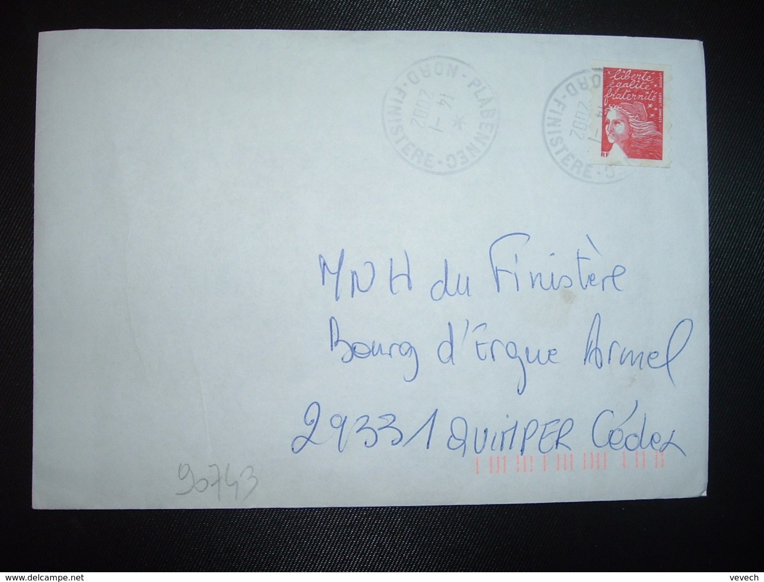 LETTRE M. DE LUQUET TVP ROUGE OBL.14-1 2002 PLABENNEC NORD FINISTERE (29) - Cachets Manuels