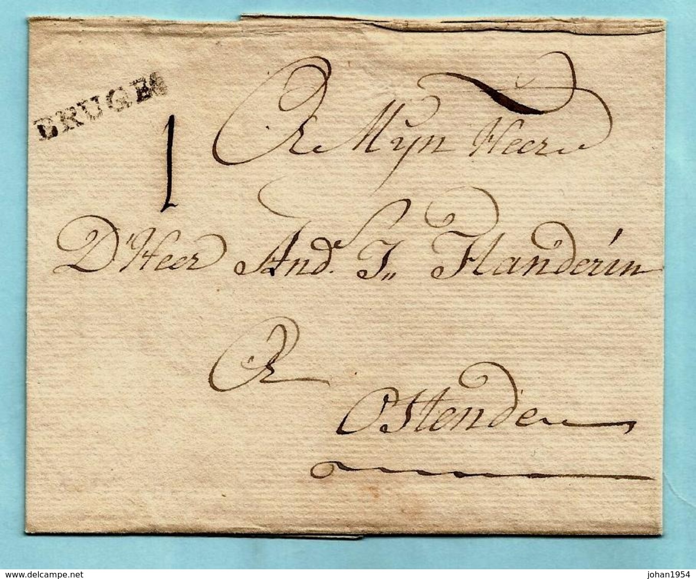 Brief Zonder Inhoud Gedateerd 30/10/1755, Griffe BRUGES (Herlant 11 : 23x3,5 Mm) Naar Oostende, Port : 1 - 1714-1794 (Austrian Netherlands)