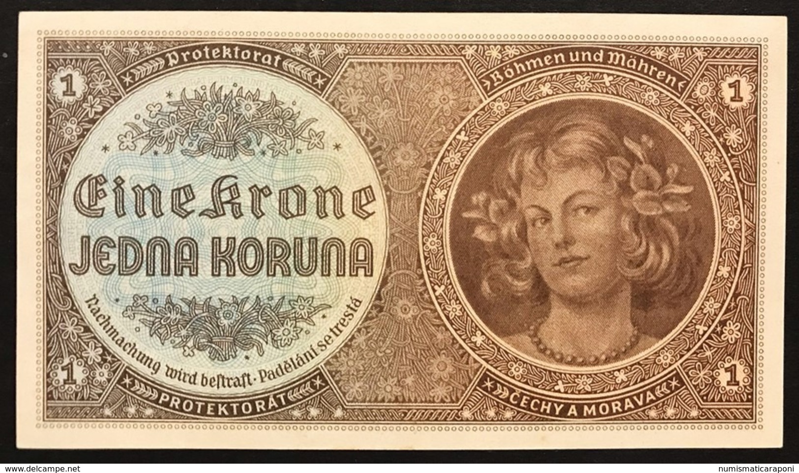 BOHEMIA & MORAVIA 1 KORUNA Pick#3 1940 PROTEKTORAT Sup/unc Lotto.1958 - Czechoslovakia