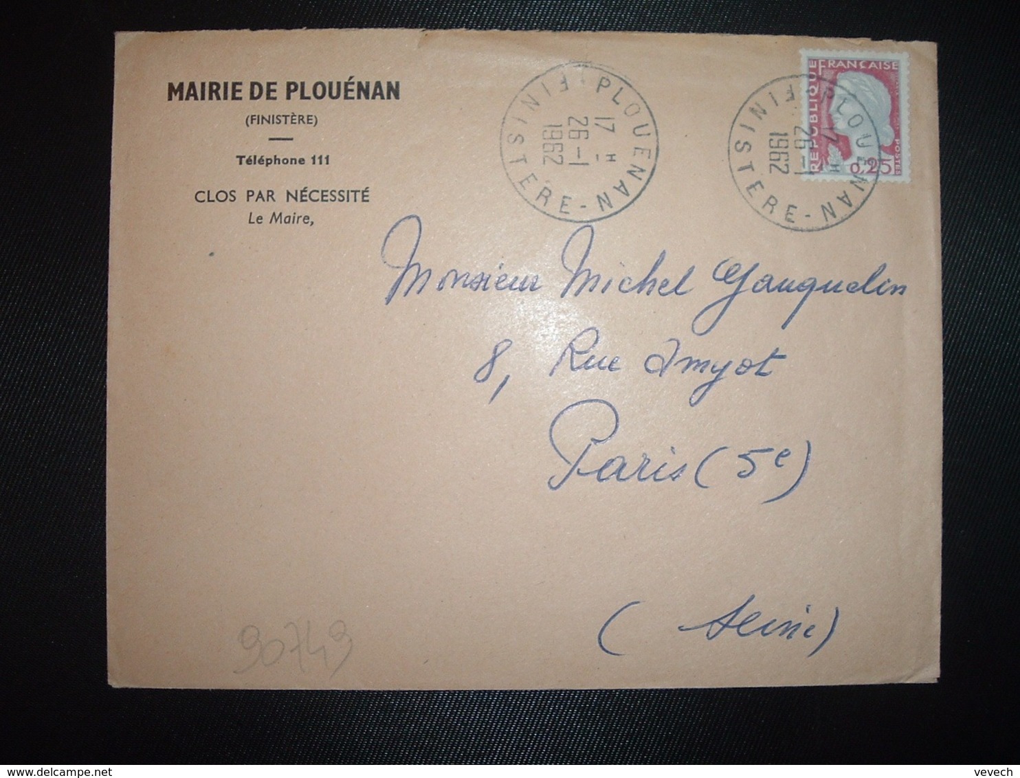 LETTRE MAIRIE TP M. DE DECARIS 0,25 OBL.26-1 1962 PLOUENAN FINISTERE (29) - Cachets Manuels