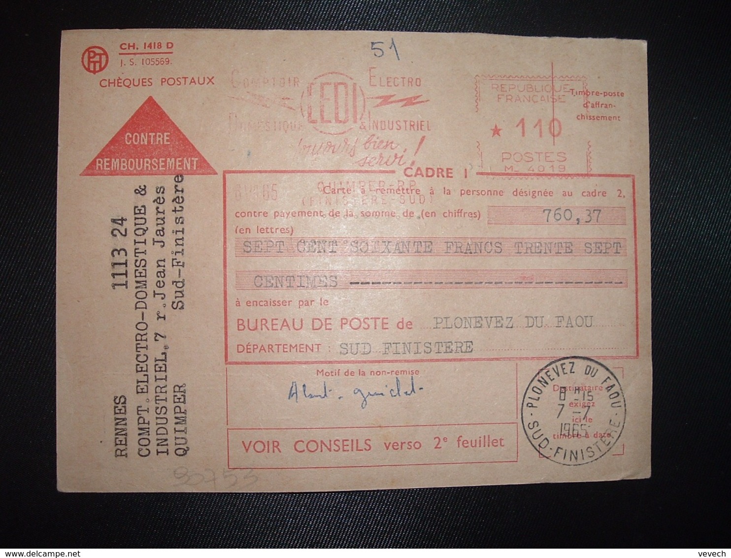 CP CR CHEQUES POSTAUX EMA M 4019 à 110 QUIMPER RP + OBL.7-7 1965 PLONEVEZ DU FAOU SUD FINISTERE - Cachets Manuels