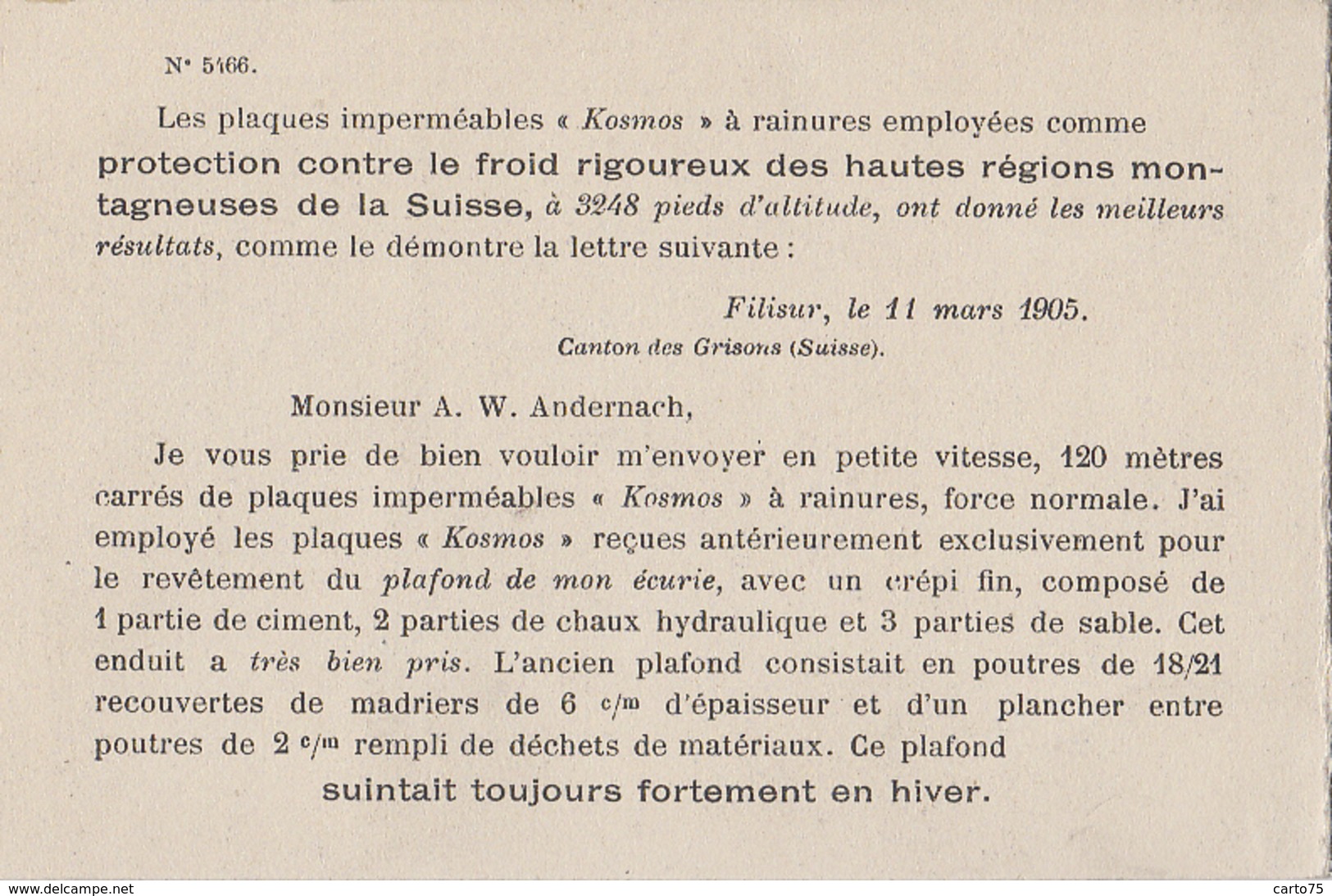 Suisse - Filisur - Ecurie M. P. Lorenz Ingénieur - Publicité étanchéité Plaques "Kosmos" - 1905 - Filisur