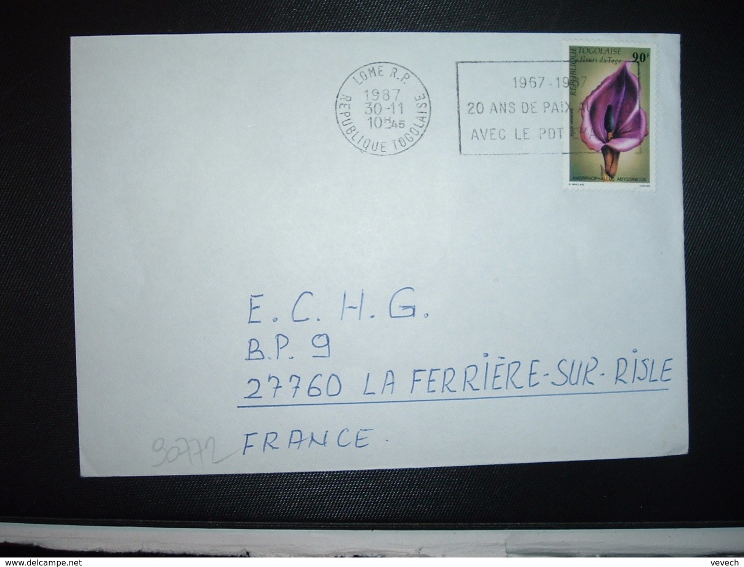 LETTRE Pour La FRANCE TP FLEUR AMORPHOPHALLUS ABYSSINICUS 90F OBL.MEC.30-11 1987 LOME RP - Togo (1960-...)