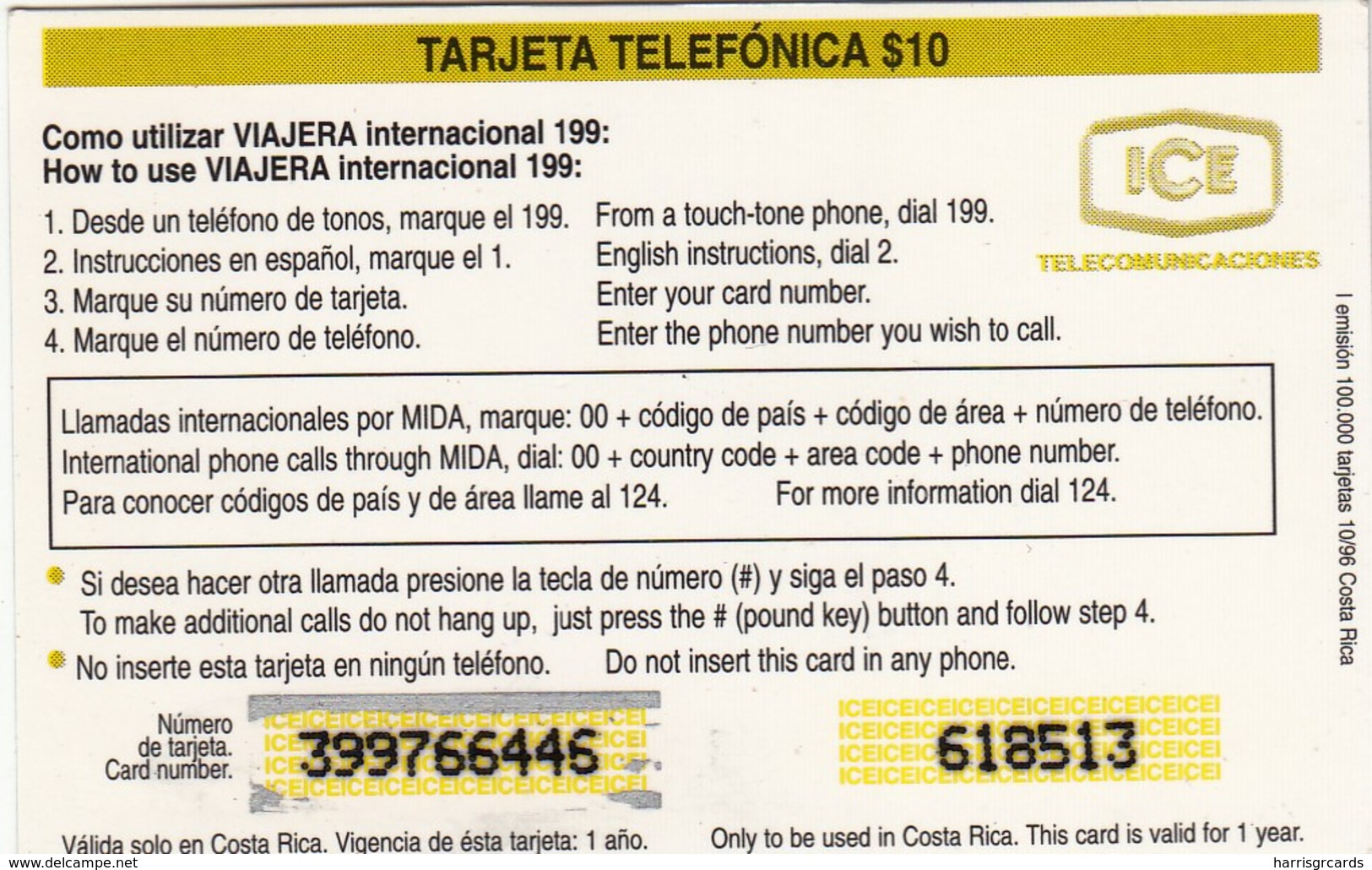 COSTA  RICA-  Parrot, ICE Prepaid Card $10, 10/96, Used - Costa Rica