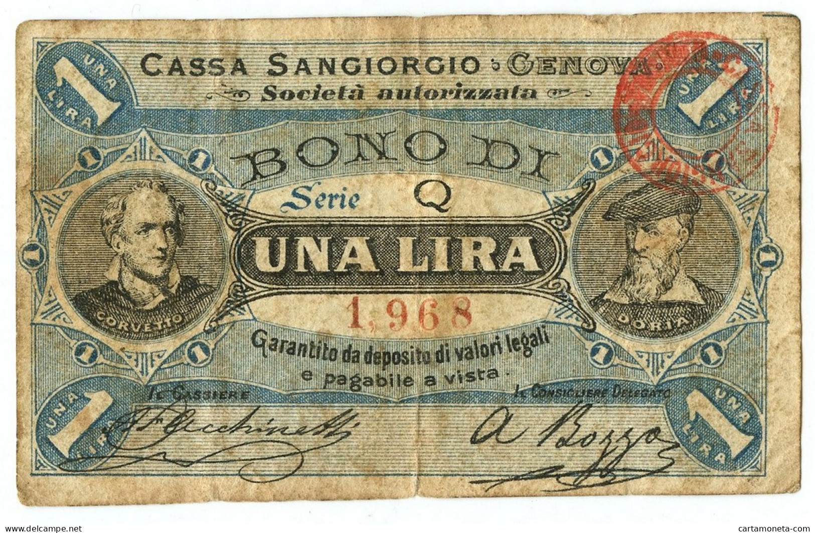 1 LIRA BIGLIETTO FIDUCIARIO CASSA SANGIORGIO GENOVA BB- - Altri & Non Classificati