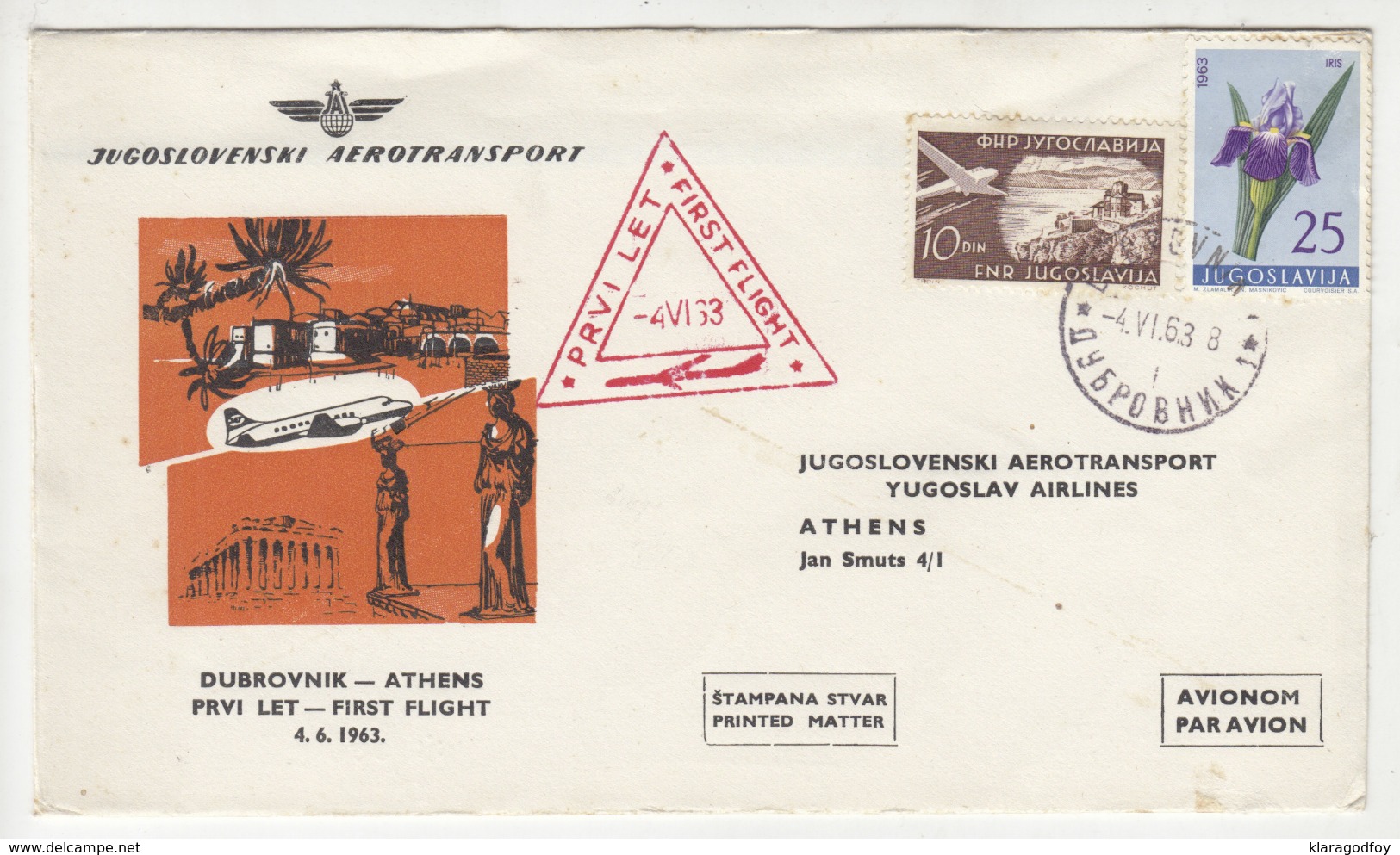 Yugoslav Airlines JAT 1963 Dubrovnik - Athens First Flight Cover B191020 - Airplanes