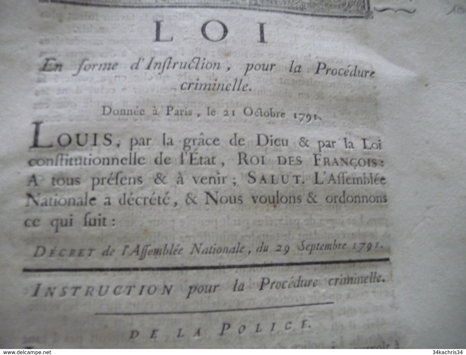 Loi En Forme Instruction Pour La Procédure Criminelle 21/10/1791 78 Pages - Wetten & Decreten