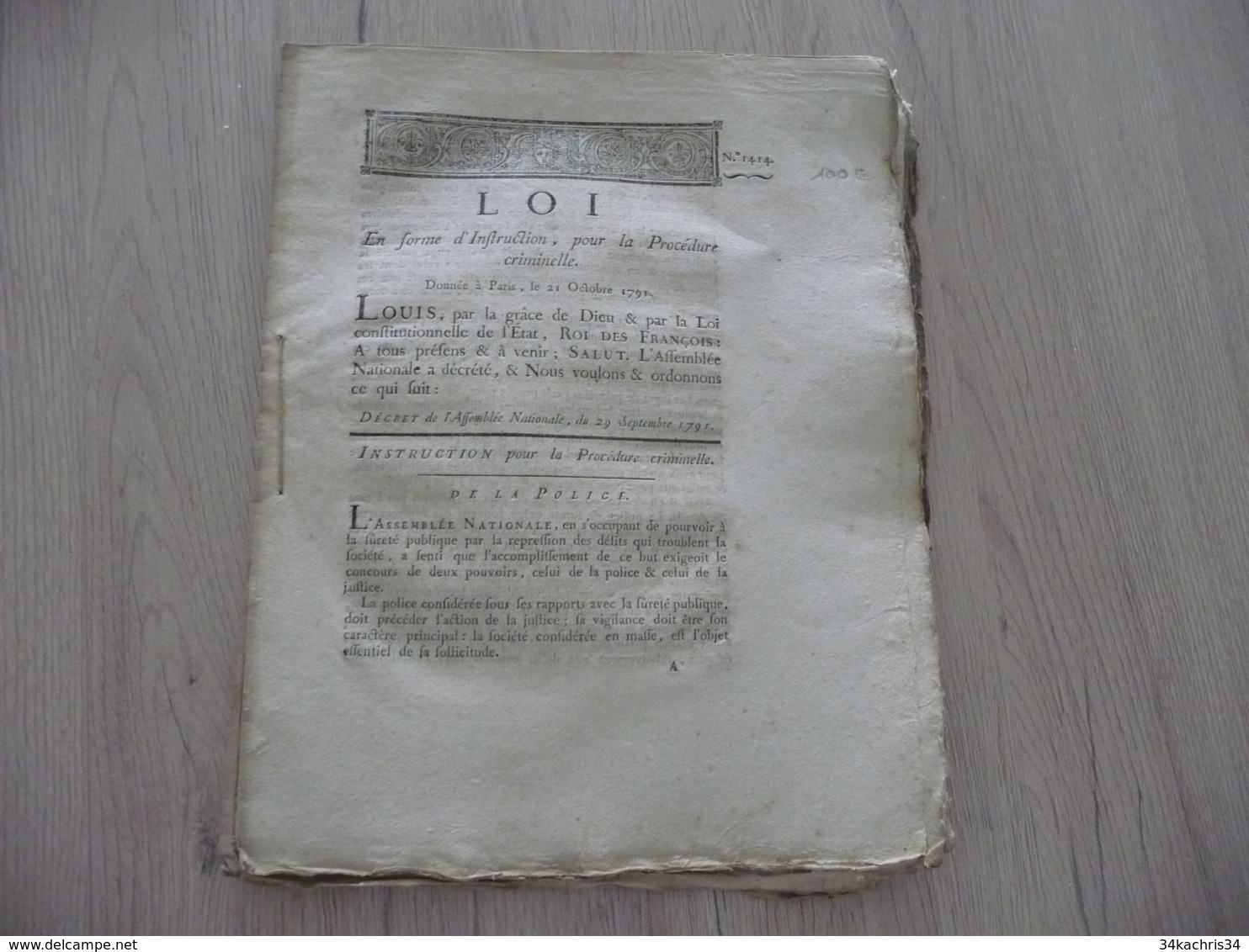 Loi En Forme Instruction Pour La Procédure Criminelle 21/10/1791 78 Pages - Decrees & Laws