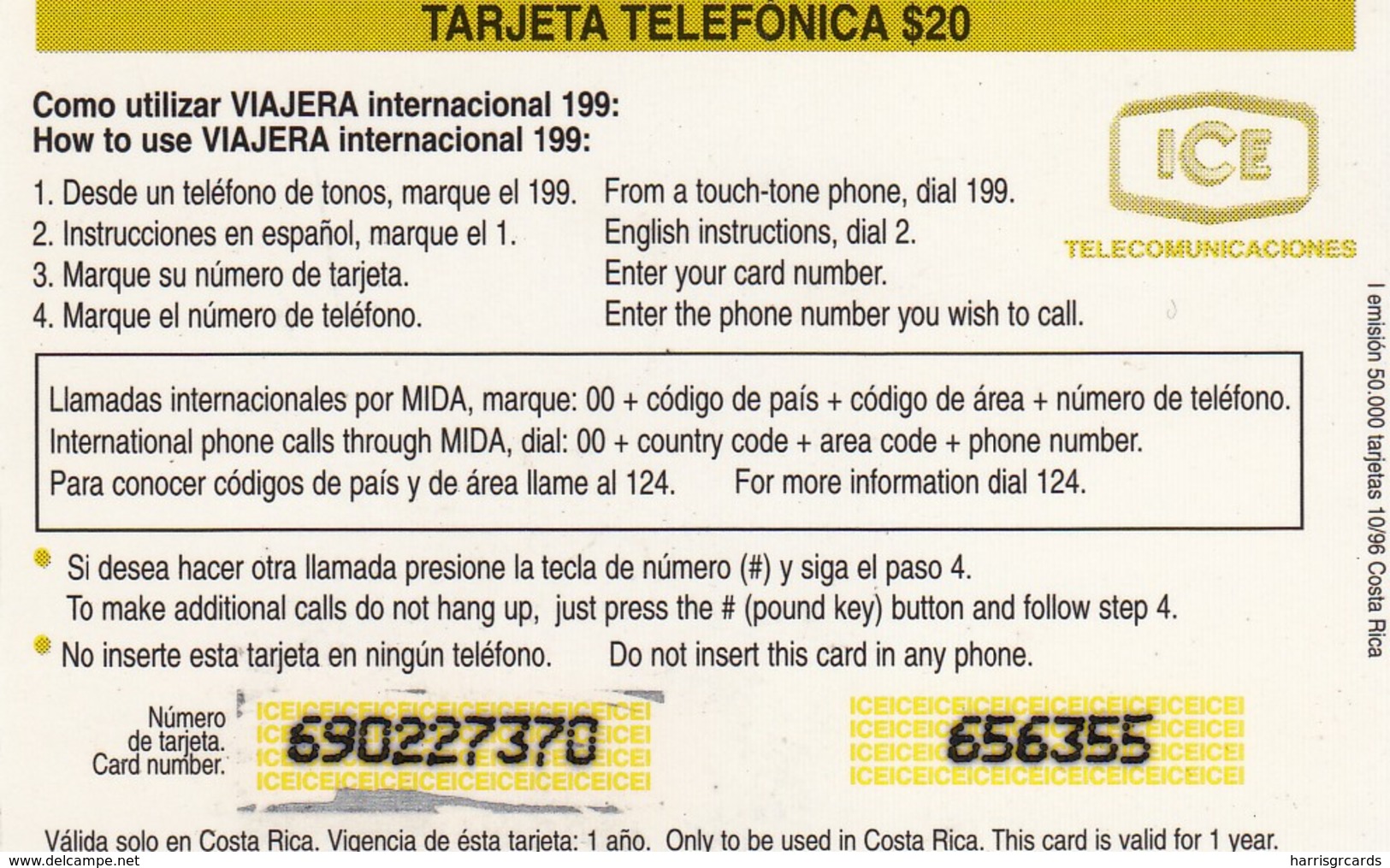 COSTA  RICA-  Mundo Y Arcoiris, ICE Prepaid Card $20, 10/96, Used - Costa Rica