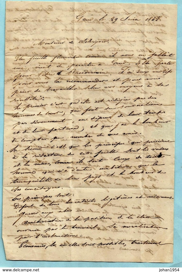 WAERSCHOOT 30 IV (type 18), Brief Met Inhoud, Afst. GAND 29/09/1848 + PP In Kader, Port 2 (verso) - 1830-1849 (Independent Belgium)