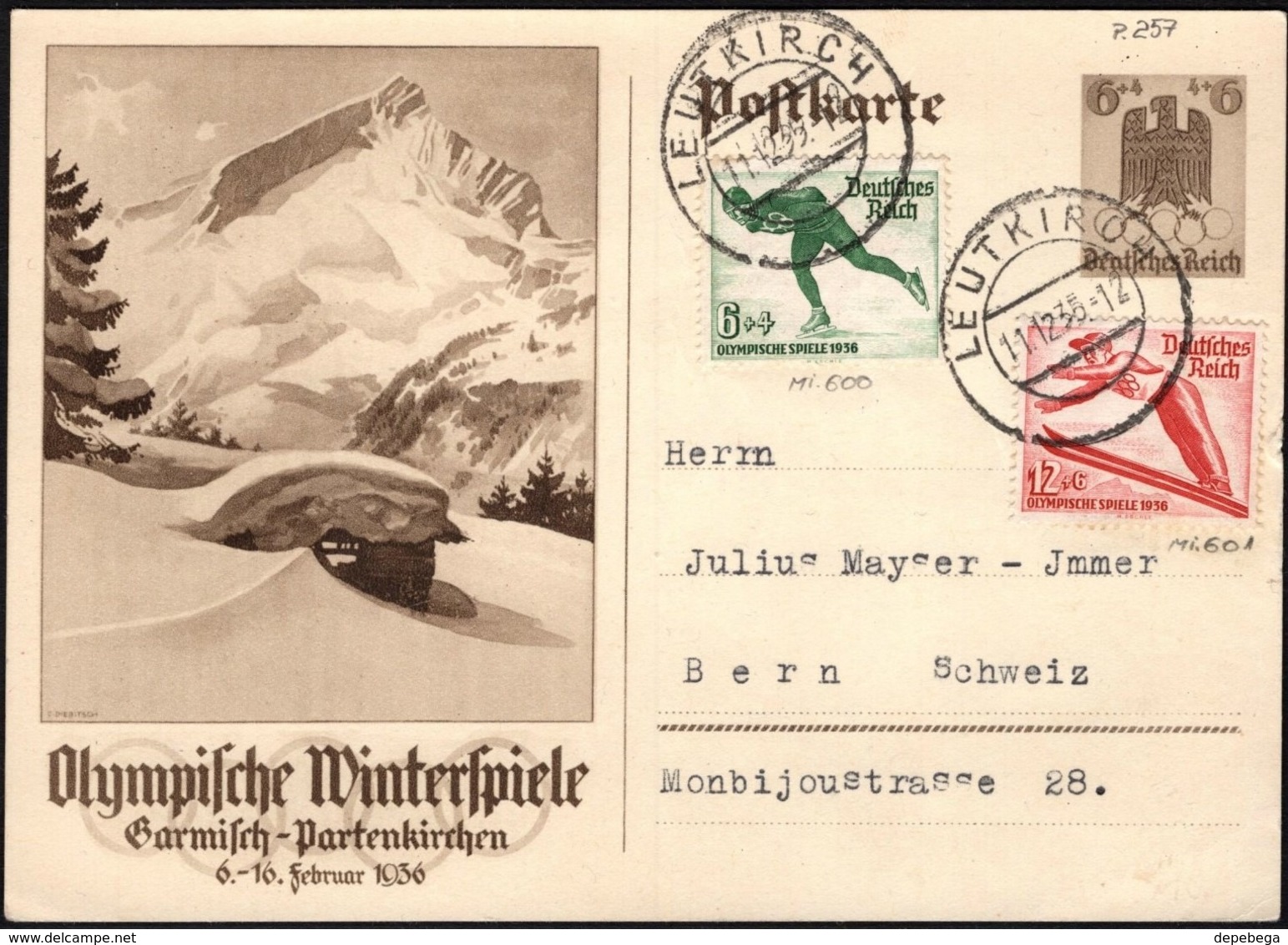 Germany - Olympic Games PSC, P 257 Uprated W. Mi. 600, 601. LEUTKIRCH 11.12.1935 - Bern, Suisse. - Autres & Non Classés