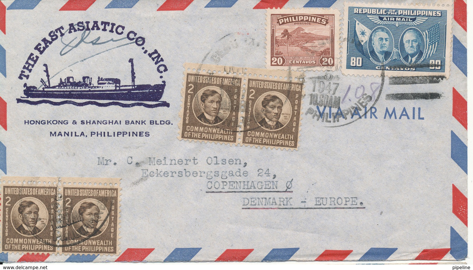 Philippines Air Mail Cover (The East Asiatic Co., LTD.) Sent To Denmark 5-10-1947 - Filipinas