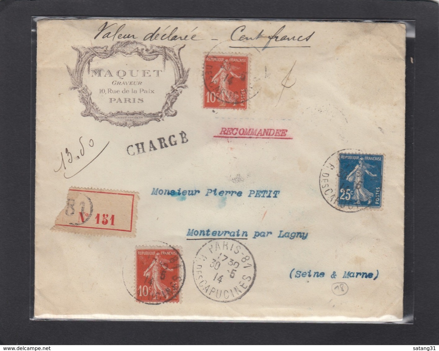 LETTRE "VALEUR DÉCLARÉE" DE MAQUET,GRAVEUR A PARIS,AVEC CACHET "PARIS CHARGEMENT". - Covers & Documents