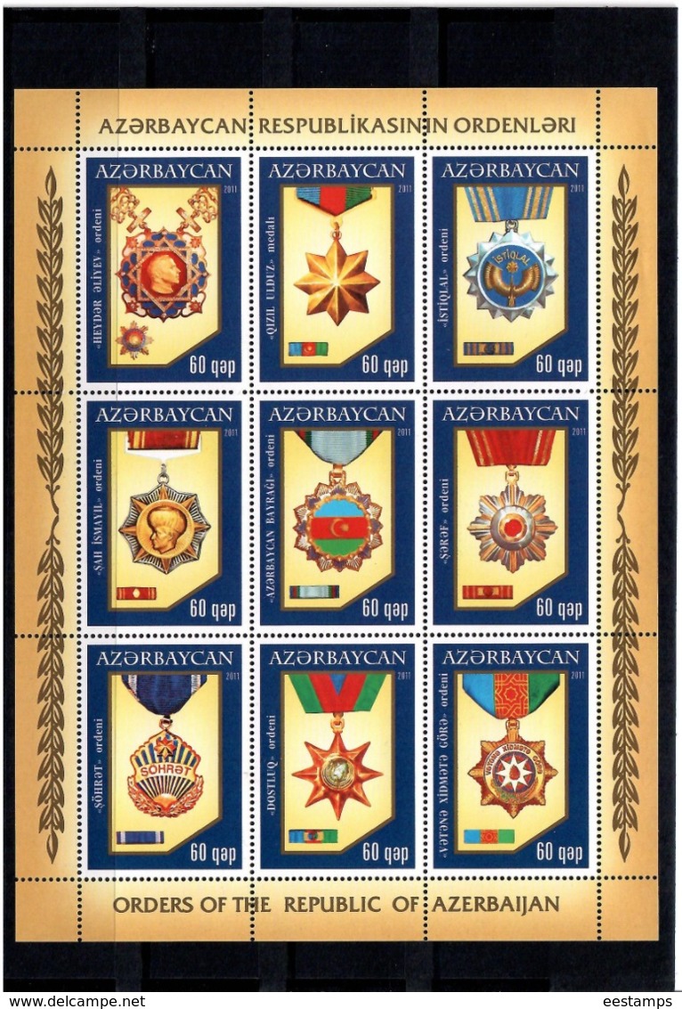 Azerbaijan 2011 .Orders Of Azerbaijan. M/S Of 9v X 60qep.  Michel # 857-65 KB - Azerbaïdjan