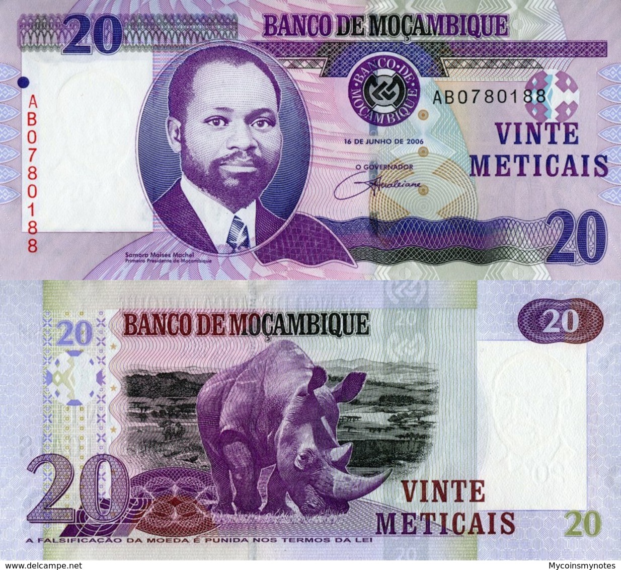 MOZAMBIQUE 20 Meticais, 2006, P143, UNC, "Rhino" Paper - Mozambique