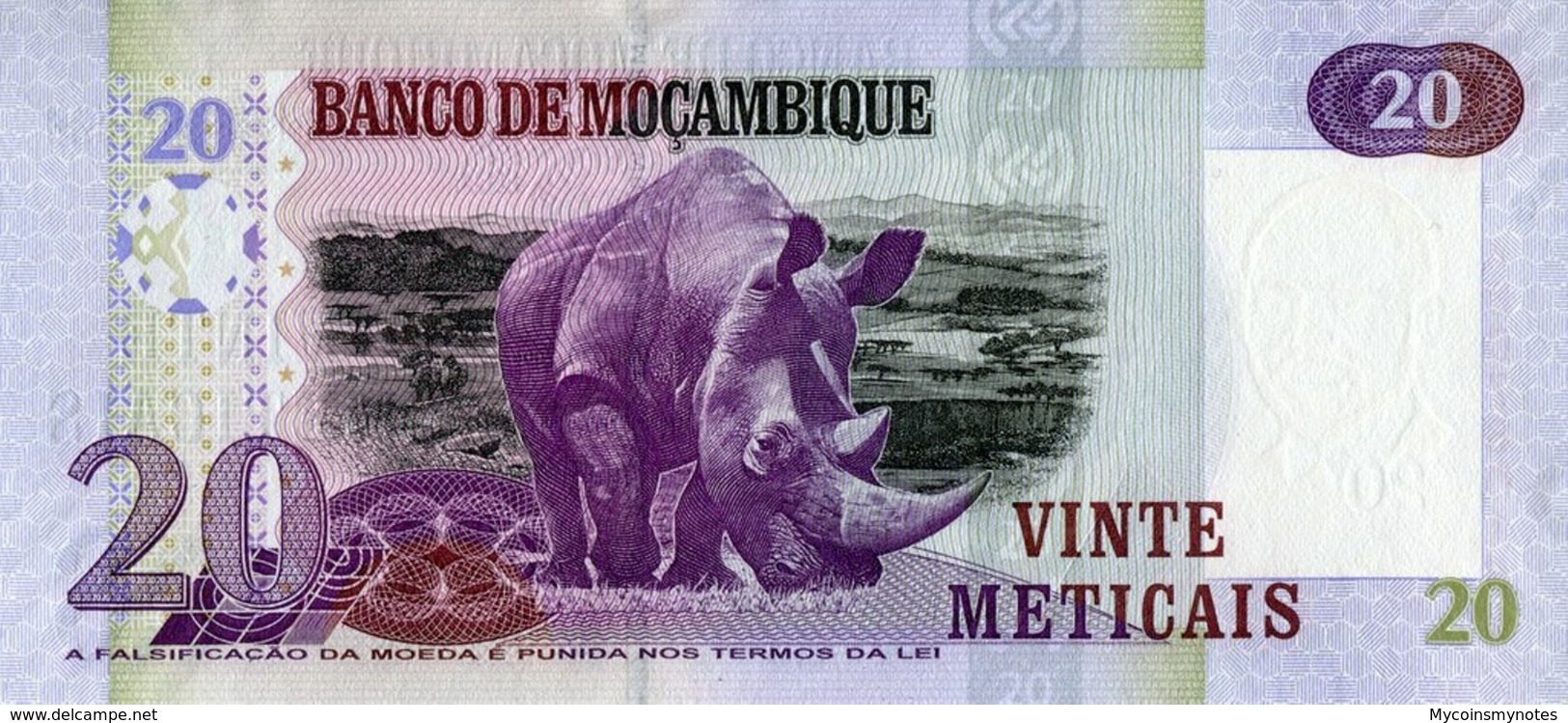 MOZAMBIQUE 20 Meticais, 2006, P143, UNC, "Rhino" Paper - Mozambique